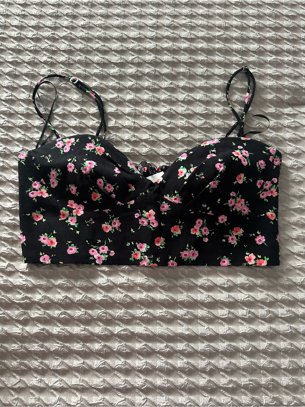 Floral Bustier Crop Top - Black with Pink Roses